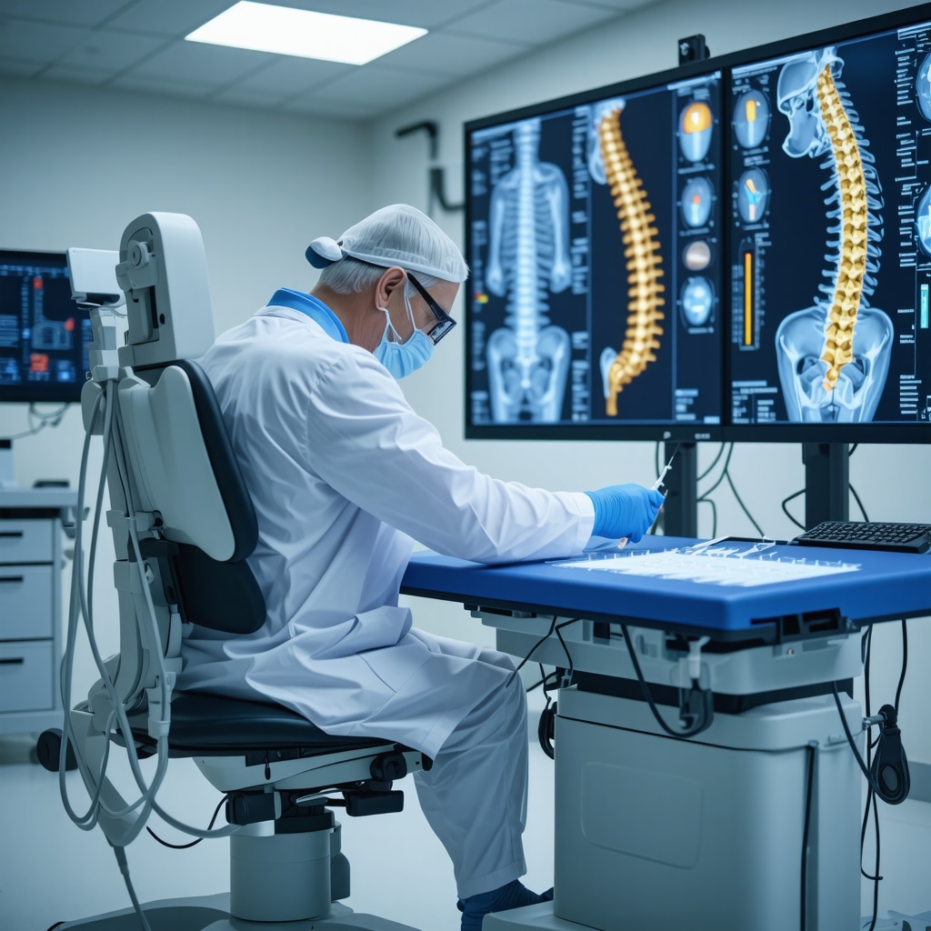 Orthopedic doctor performing robotic-assisted injection using imaging technology and biomarker data on screens
