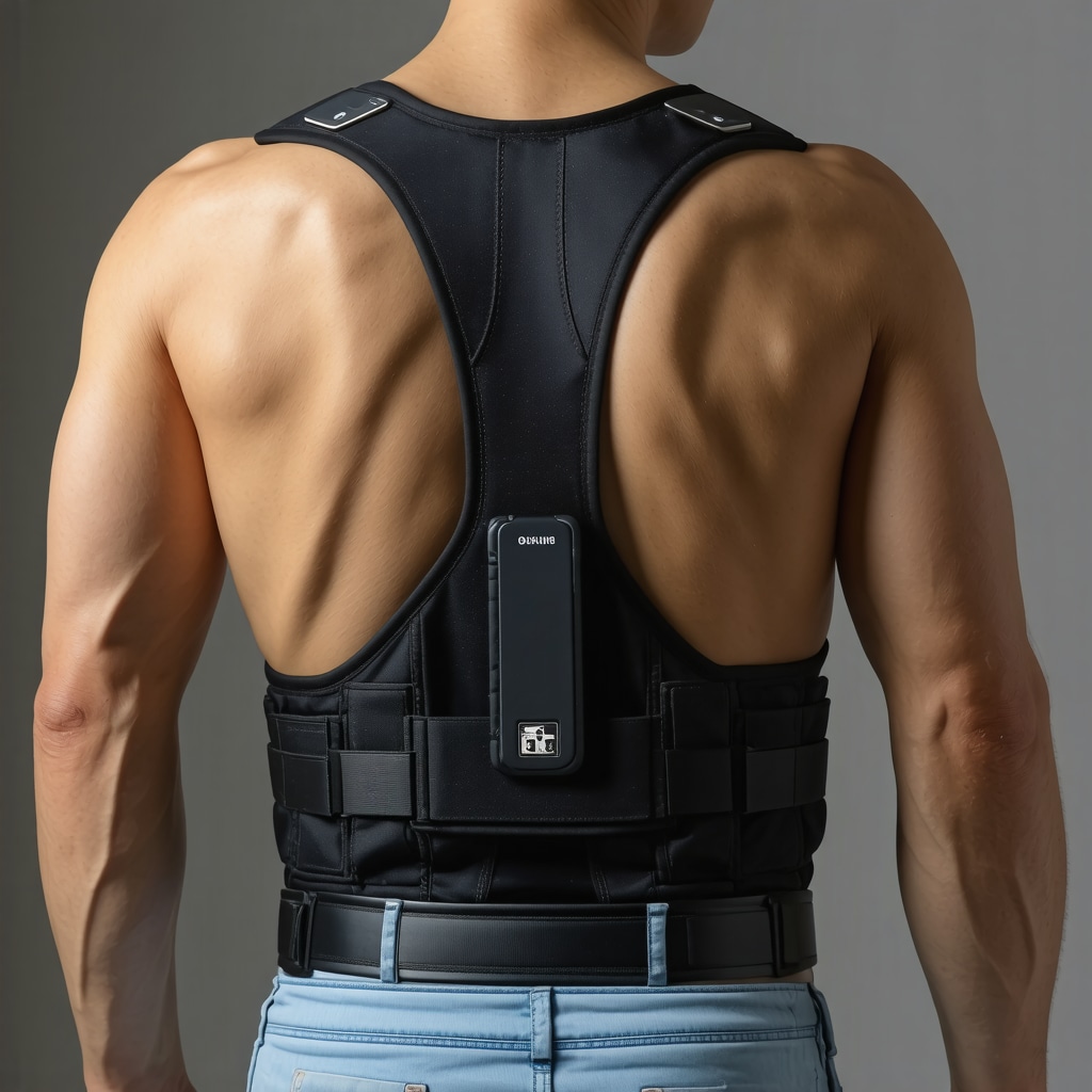 Close-up of a high-tech orthopedic brace with sensors worn on a patient's back for spinal health monitoring.