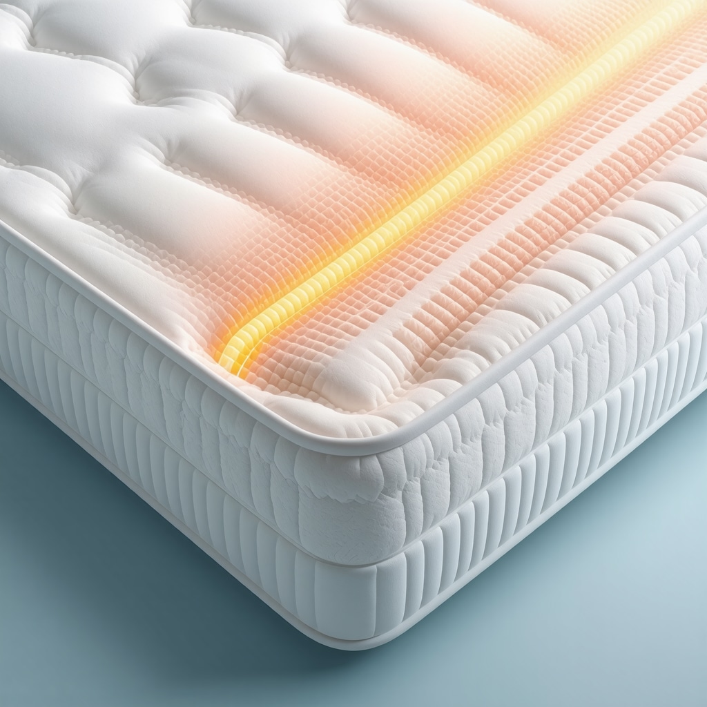 Diagram showing a smart orthopedic mattress adjusting firmness dynamically to support the spine and relieve pressure during sleep