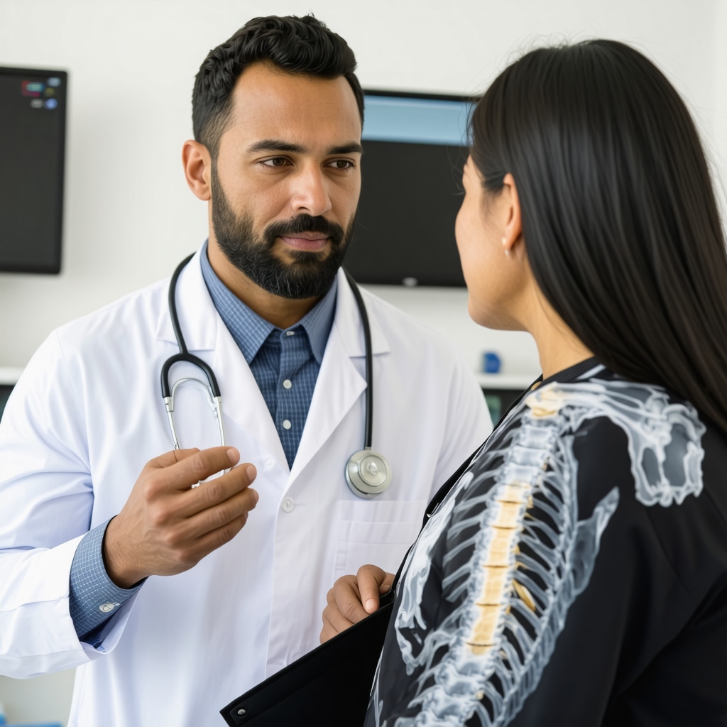 Orthopedic doctor reviewing MRI scans with patient in clinic.