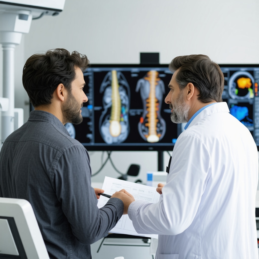 Surgeon explaining MRI imaging to a patient in a clinical setting