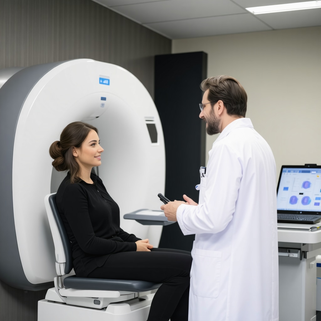 An orthopedic doctor explaining advanced imaging options to a patient in a modern clinic setting.