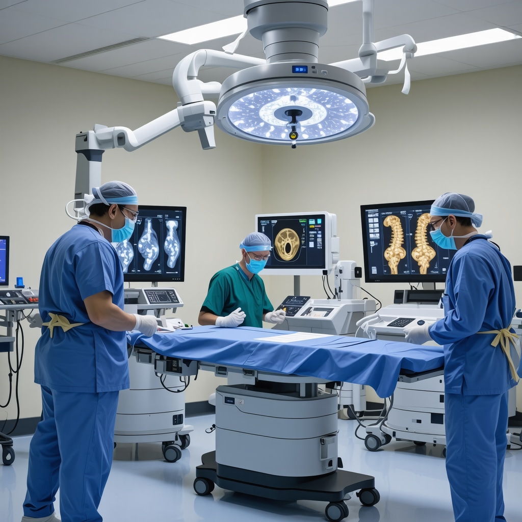Surgeon operating robotic-assisted spine surgery system in a modern medical facility