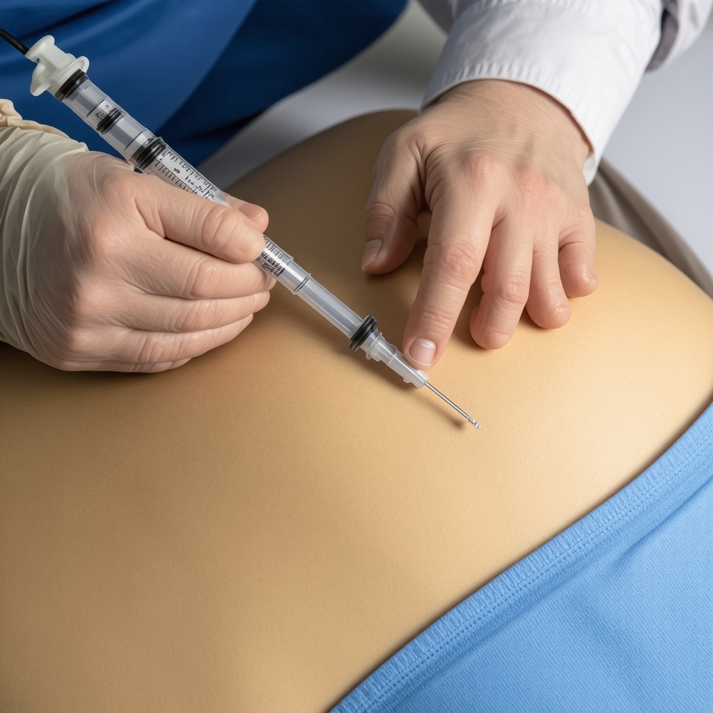 Medical professional performing an ultrasound-guided injection on a patient's lower back.