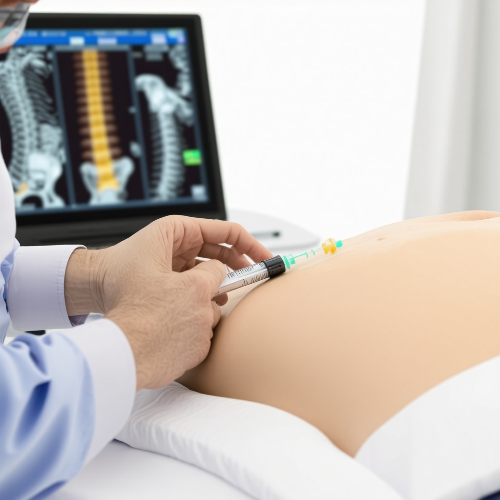 Orthopedic spine specialist administering ultrasound-guided injection with digital imaging assistance