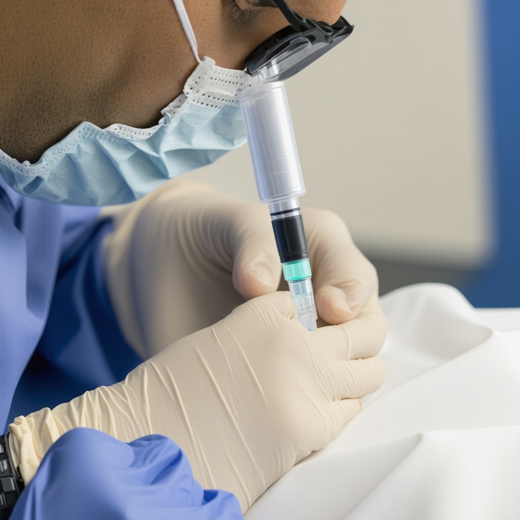 Doctor performing ultrasound-guided regenerative injection with biologics in a clinical setting