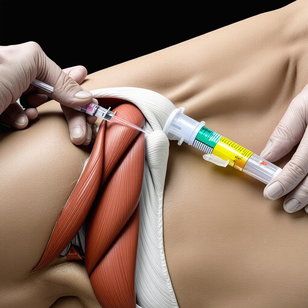 Medical illustration of ultrasound-guided trigger point injection into shoulder muscle with elastography stiffness mapping