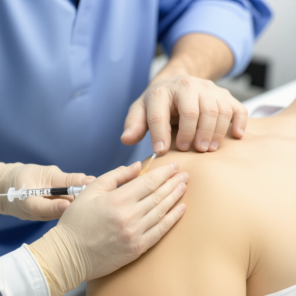 Doctor performing ultrasound-guided trigger point injection in clinical setting