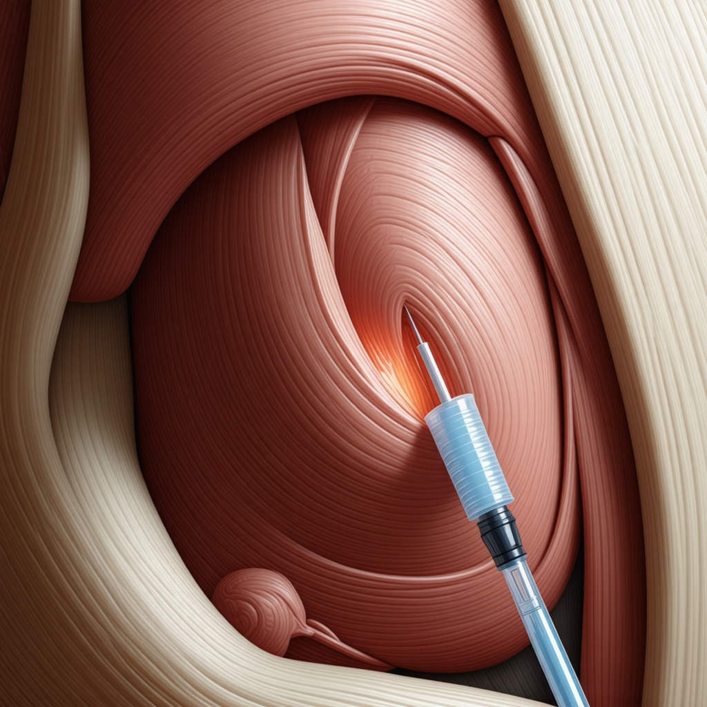 Illustration of ultrasound-guided needle targeting a muscle trigger point