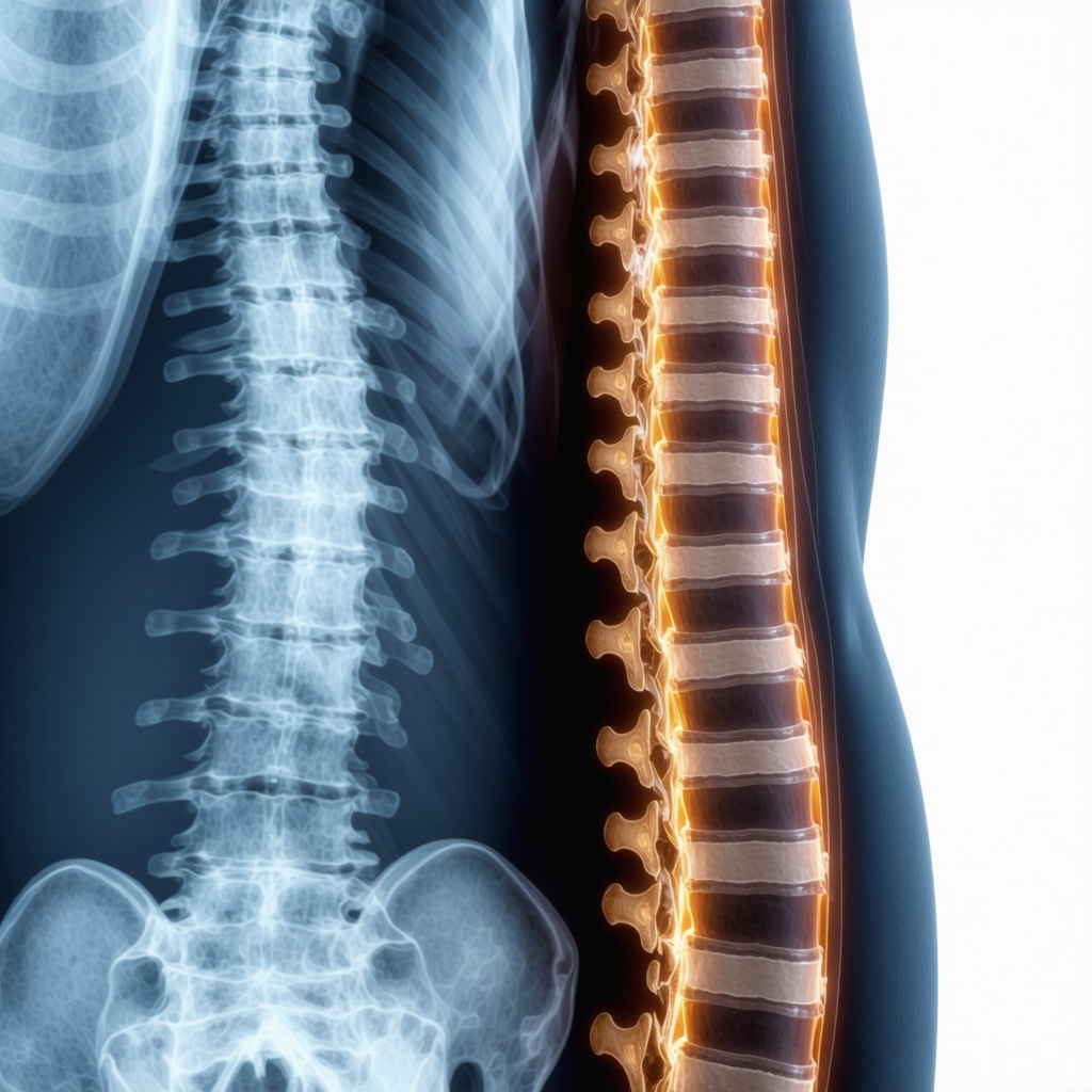 MRI and X-ray images of the spine showing soft tissues and bones in a medical environment.