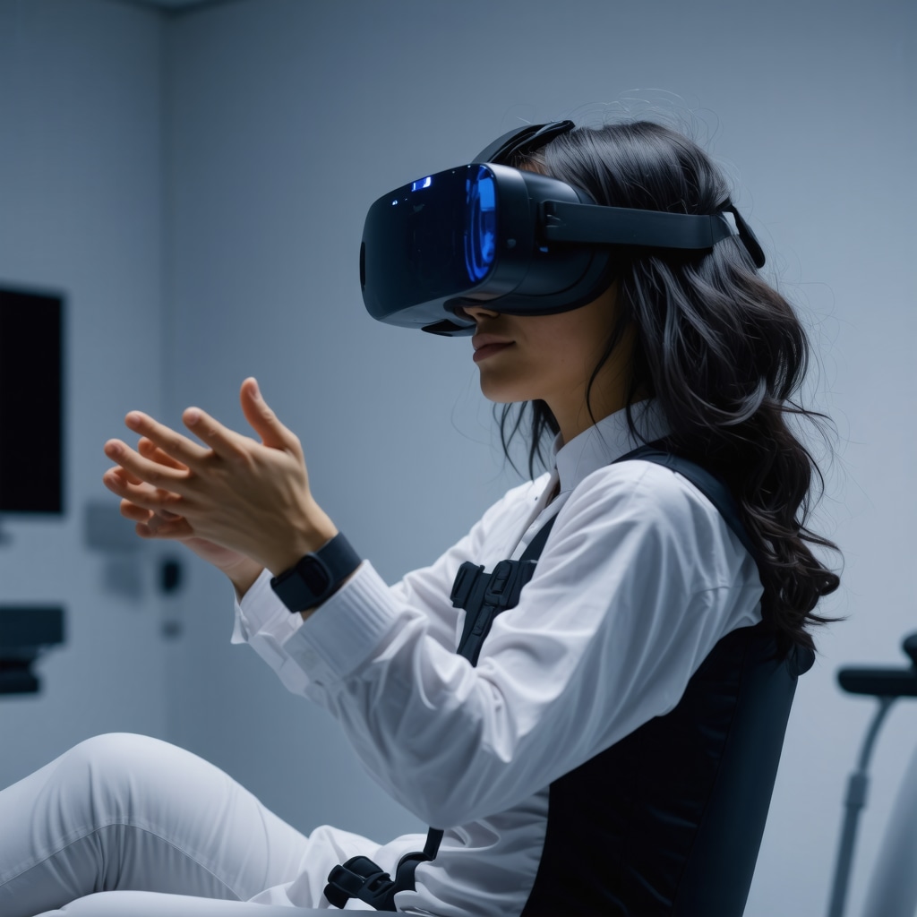 Person using VR headset for rehabilitation exercises in a high-tech clinic.