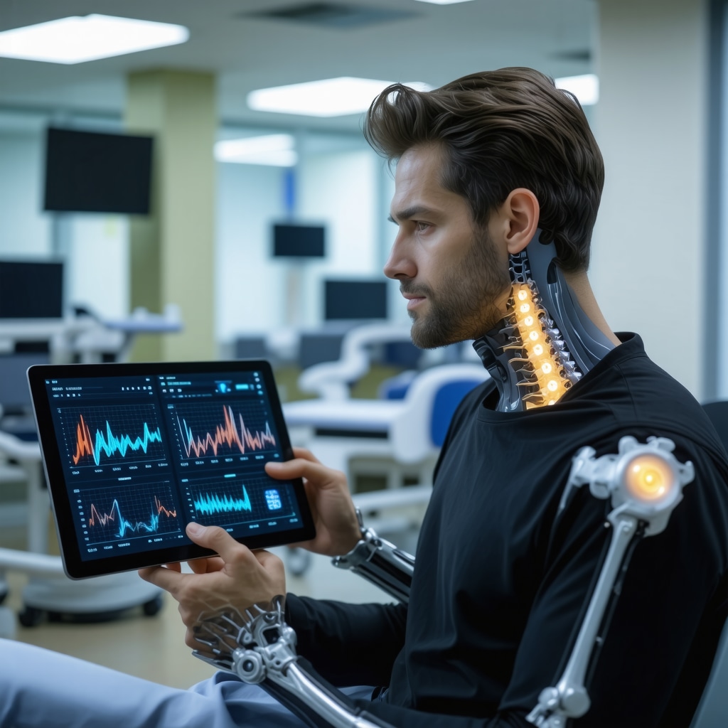 Patient with wearable biomechanical sensors undergoing advanced cervical spine assessment in orthopedic clinic