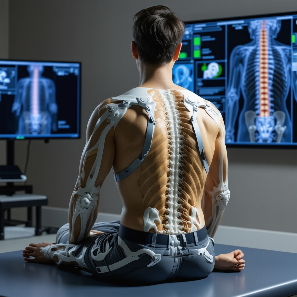 Patient wearing wearable biomechanical sensors during rehabilitation with spinal motion analysis display
