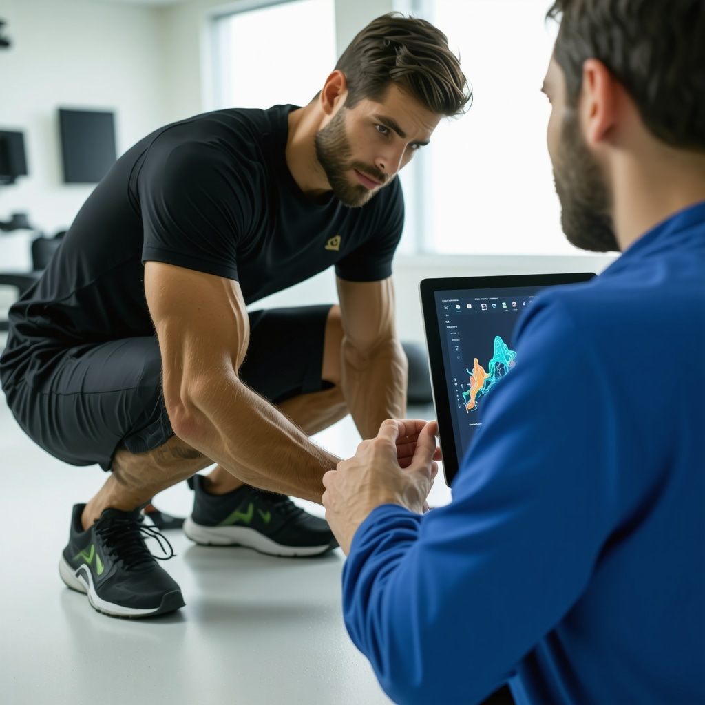 Athlete with wearable sensors and clinician reviewing biomechanical data on tablet