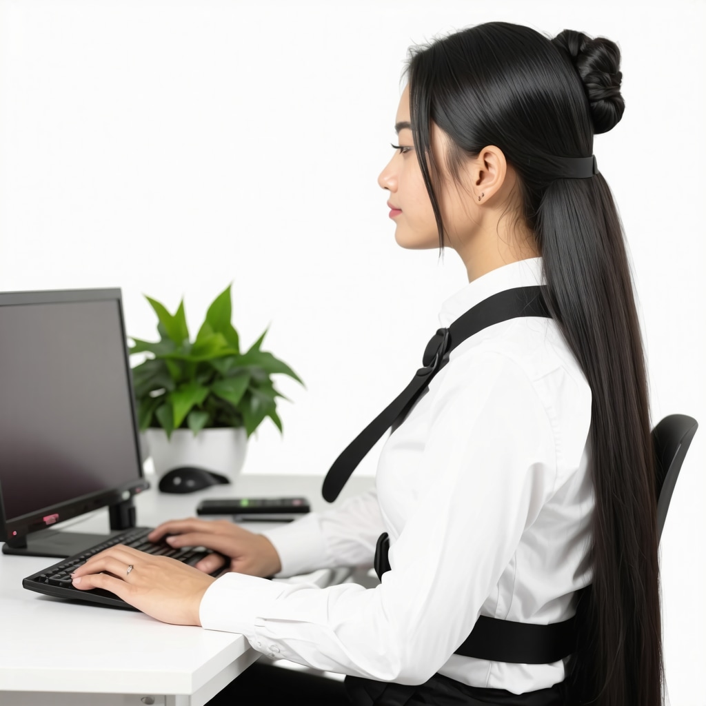 Person using a posture-correcting wearable device while working at a desk, demonstrating technology-enabled ergonomic support.