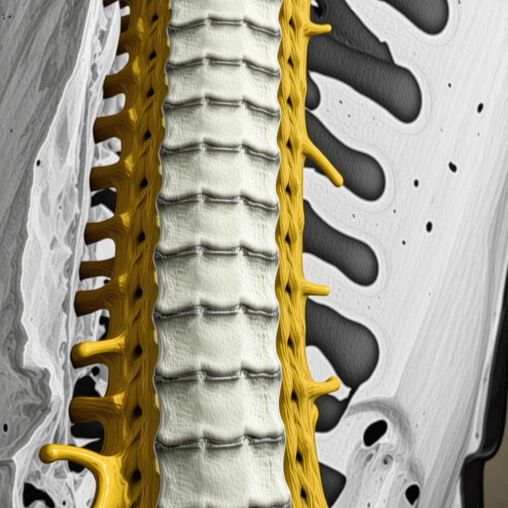 Detailed MRI scan of a human spine showing nerve impingements and soft tissue structures, highlighting modern diagnostic techniques.