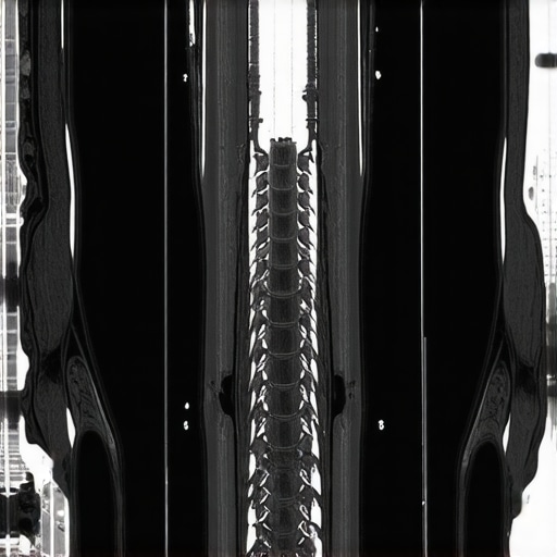 Futuristic fusion MRI and CT scans visualizing the spine in a high-tech medical environment