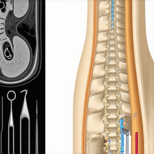 Illustration of spinal anatomy showing injury detection and minimally invasive treatment options.