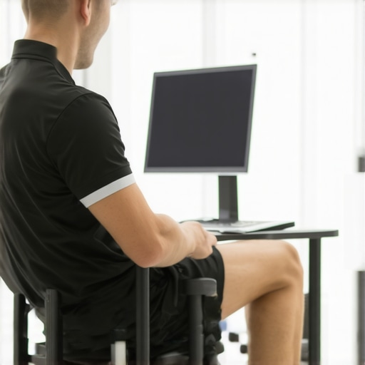 A clinician analyzing a patient's movement patterns using 3D motion capture technology in a high-tech medical facility.