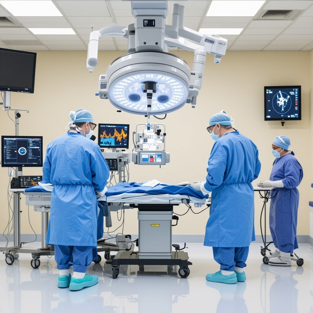 Surgeon performing minimally invasive spine surgery with advanced equipment in a modern operating room.