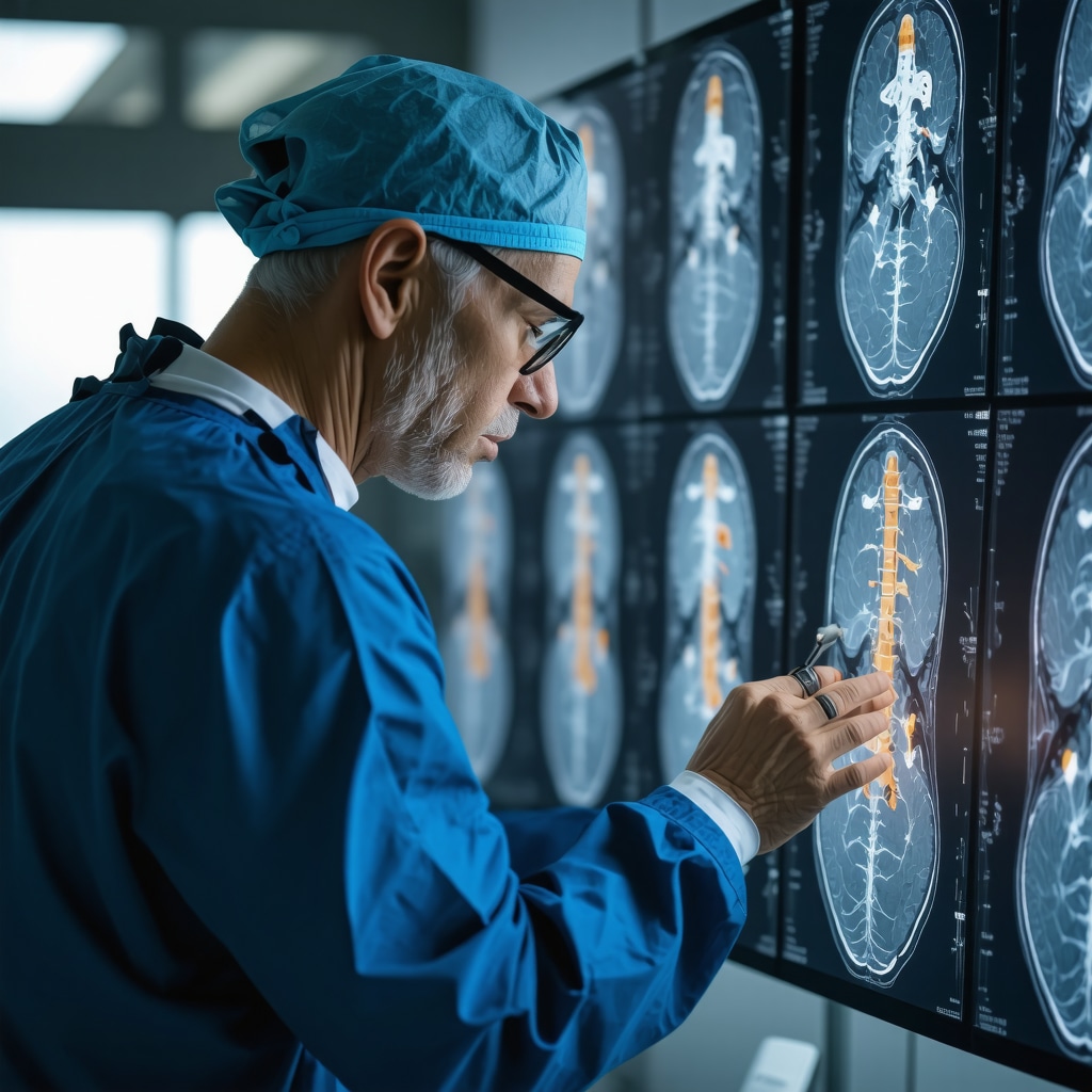 Spine surgeon examining MRI scans in a clinical setting