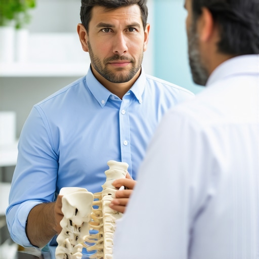 A spine surgeon discussing treatment options with a patient in a clinical setting.