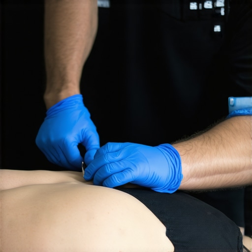 Doctor performing non-invasive ultrasound treatment on patient's spine for pain relief.