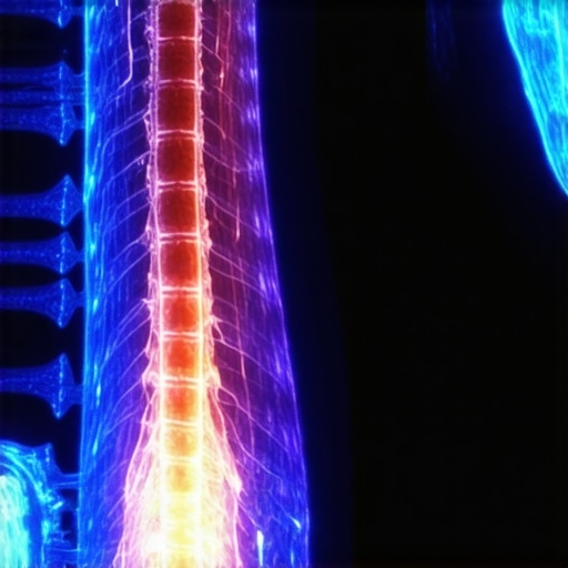 Futuristic medical imaging of spine highlighting molecular and nerve activity