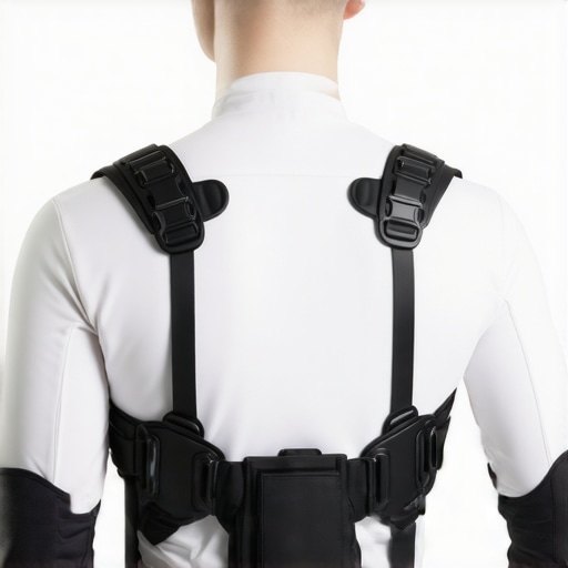 A high-tech orthopedic brace with sensors and AI interface supporting a person's back in a clinical environment