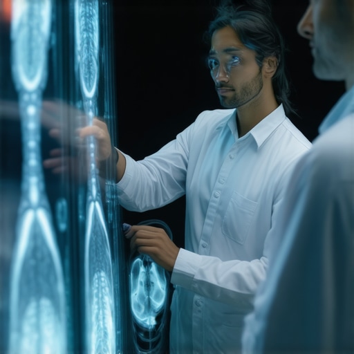 Medical professionals using holographic MRI scans for spinal diagnosis
