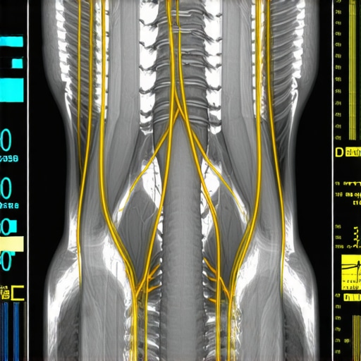 A detailed MRI scan of a human spine highlighting nerve pathways and diagnostic features