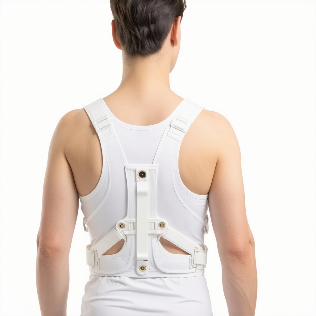 A high-tech, customized orthopedic support brace on a patient's back, showing ergonomic design and sensor technology.