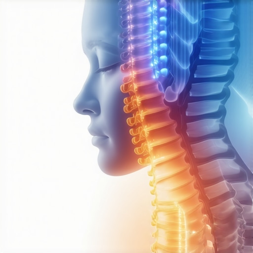 Detailed medical illustration showing regenerative therapies on the aging spine with biotech elements.