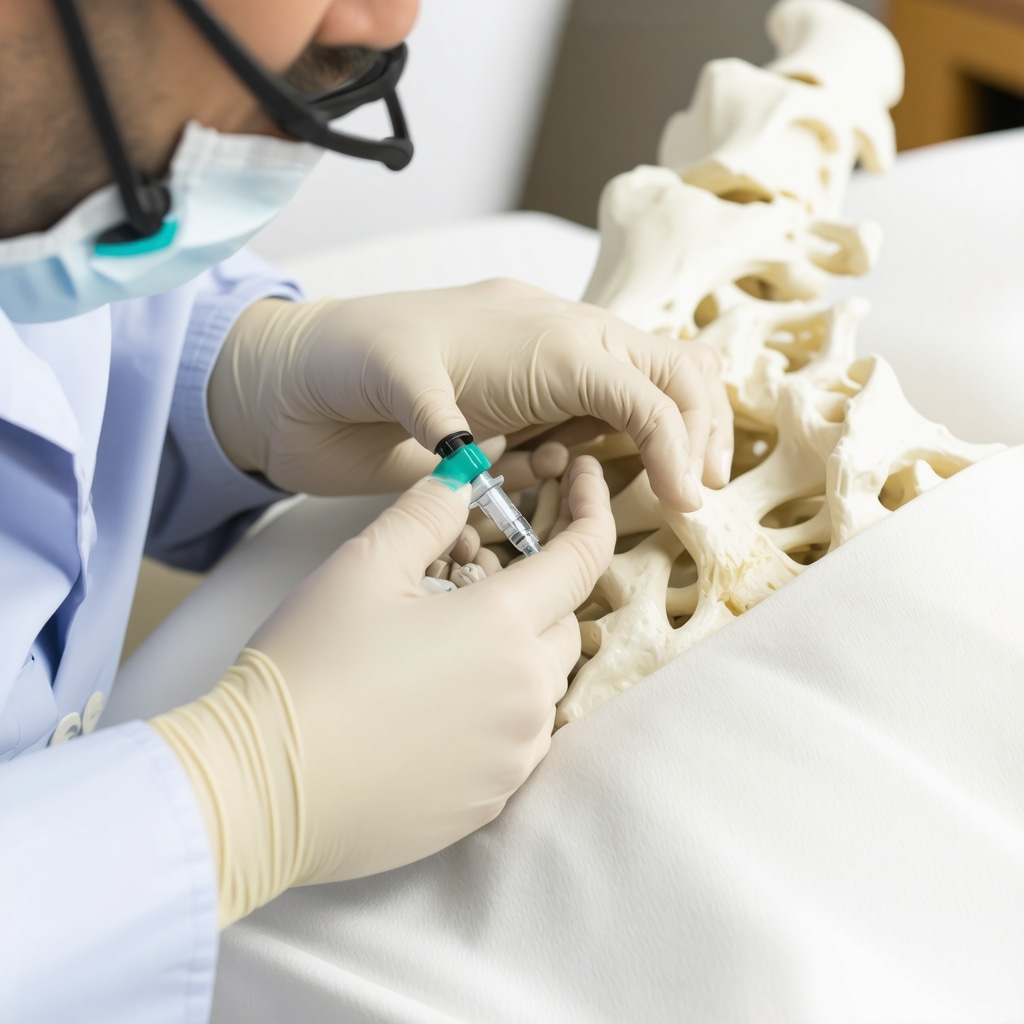 Doctor administering regenerative injection to a patient's lumbar spine