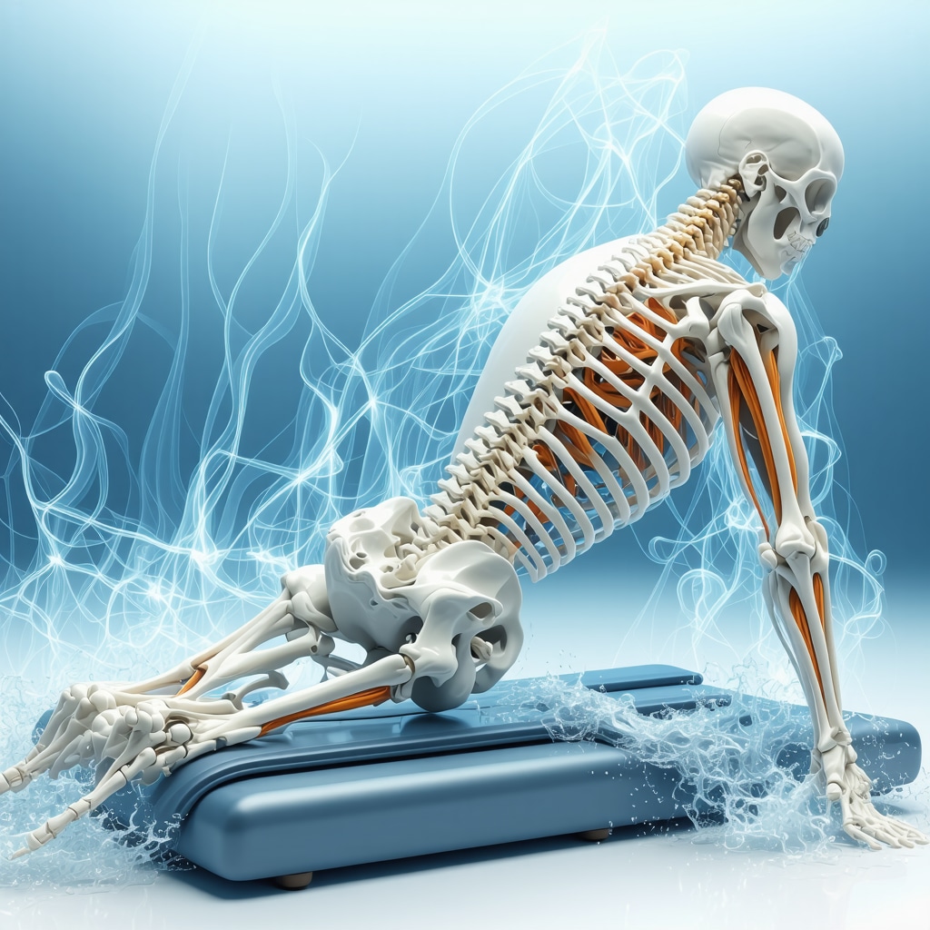 Illustration of aquatic therapy and electrical stimulation techniques for lumbar fusion recovery.