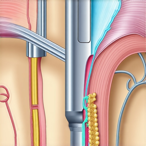 Medical illustration of laser spine surgery showing minimally invasive tools and spinal anatomy.