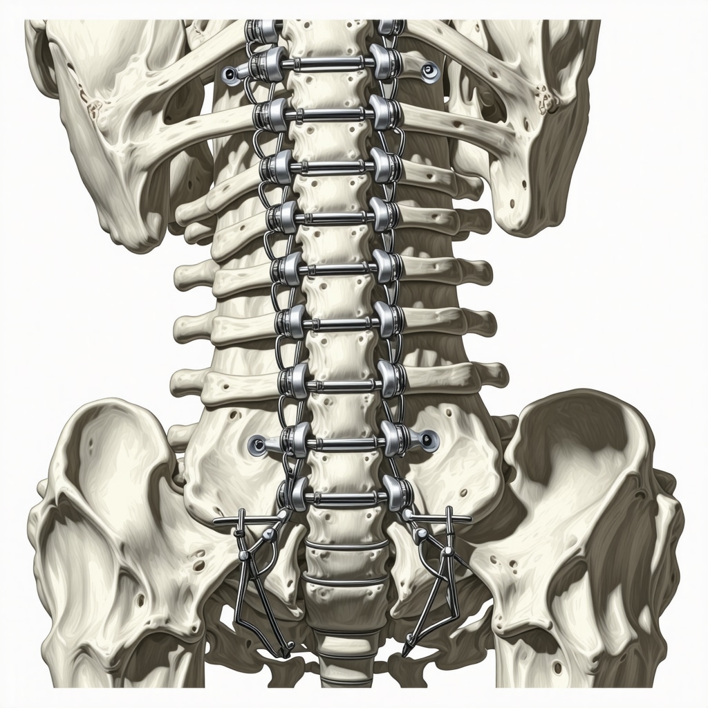 Illustration of lumbar spine recovery with surgical hardware