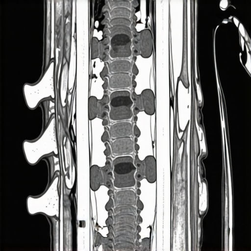 MRI scan highlighting nerve impingement and disc herniation in the human spine.