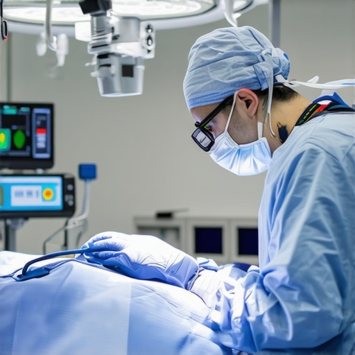 Surgeon performing minimally invasive spine surgery with advanced imaging technology.