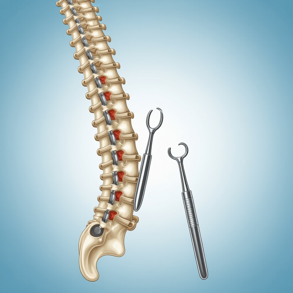 Illustration of minimally invasive spinal surgery with surgical tools and technology.