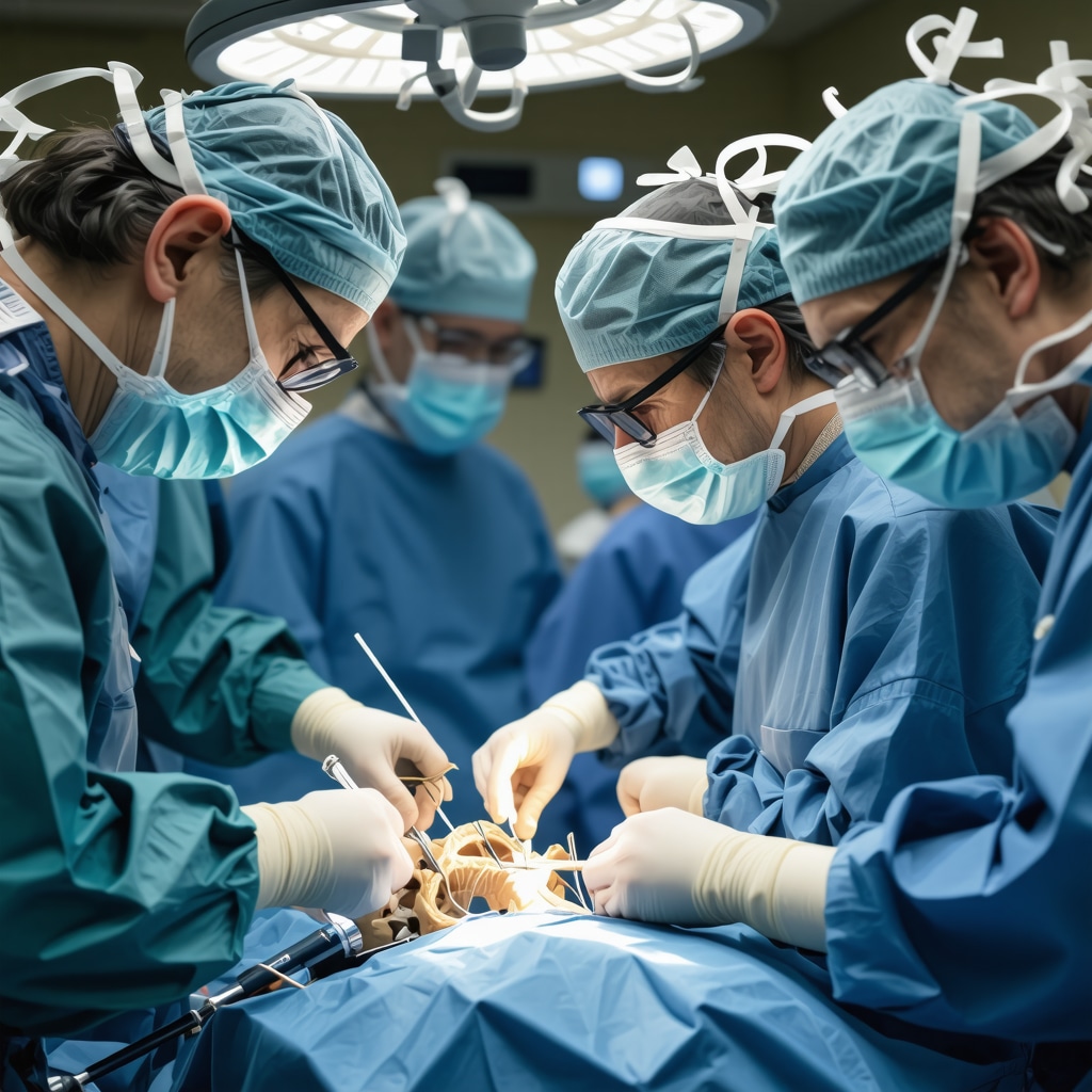 Surgeons performing minimally invasive spine surgery with advanced tools in an operating room