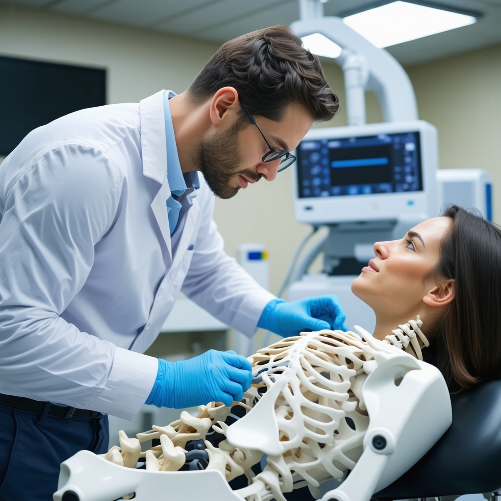 Healthcare professional performing spinal therapy with advanced equipment in a clinical setting