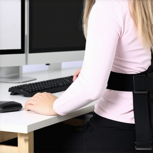 A person wearing a supportive spinal brace at a workstation, highlighting ergonomic and modern design features