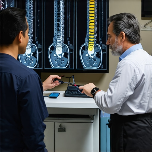 A team of orthopedic specialists reviewing spinal MRI scans together in a consultation room.