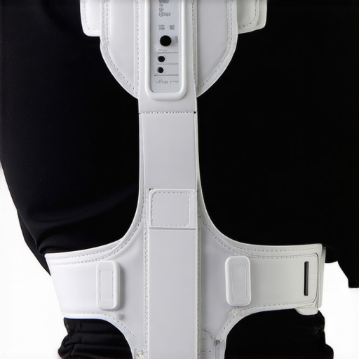 A futuristic support brace with embedded sensors designed for personalized spinal stabilization.