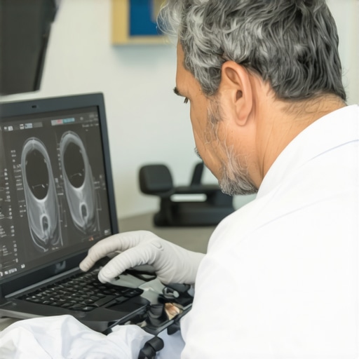 Orthopedic doctor analyzing MRI scan of a patient with auto accident injuries in a clinical setting.