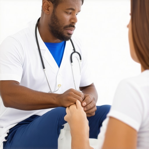 Orthopedic doctor demonstrating rehabilitation exercises to a patient