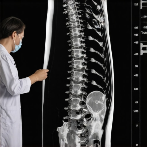 Doctor analyzing MRI scan of patient's spine in a clinical setting