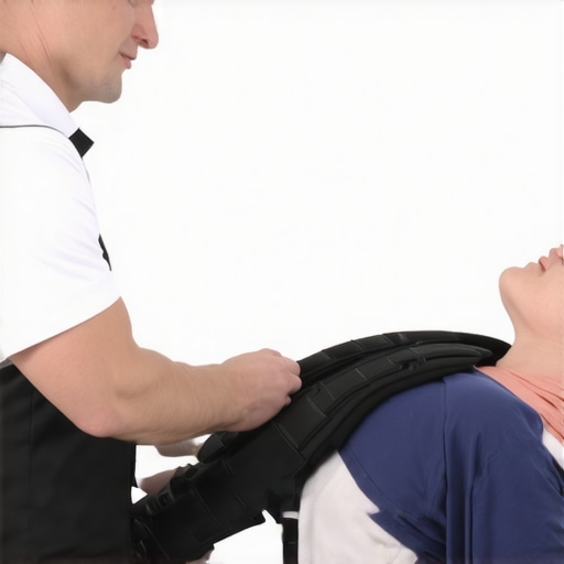 Orthopedic doctor fitting a spinal brace on a patient in a clinic.