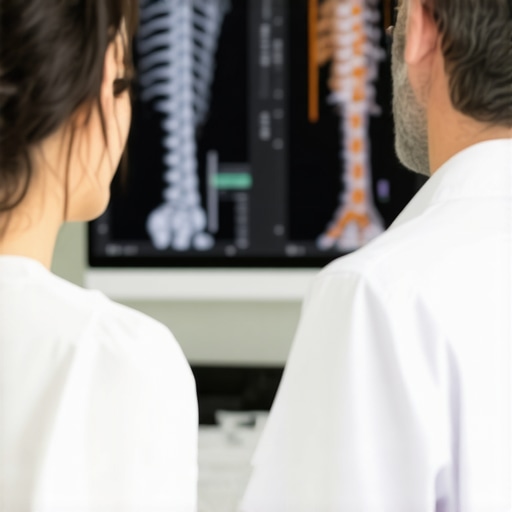 Doctor explaining herniated disc treatment options to a patient in a clinic with MRI scans